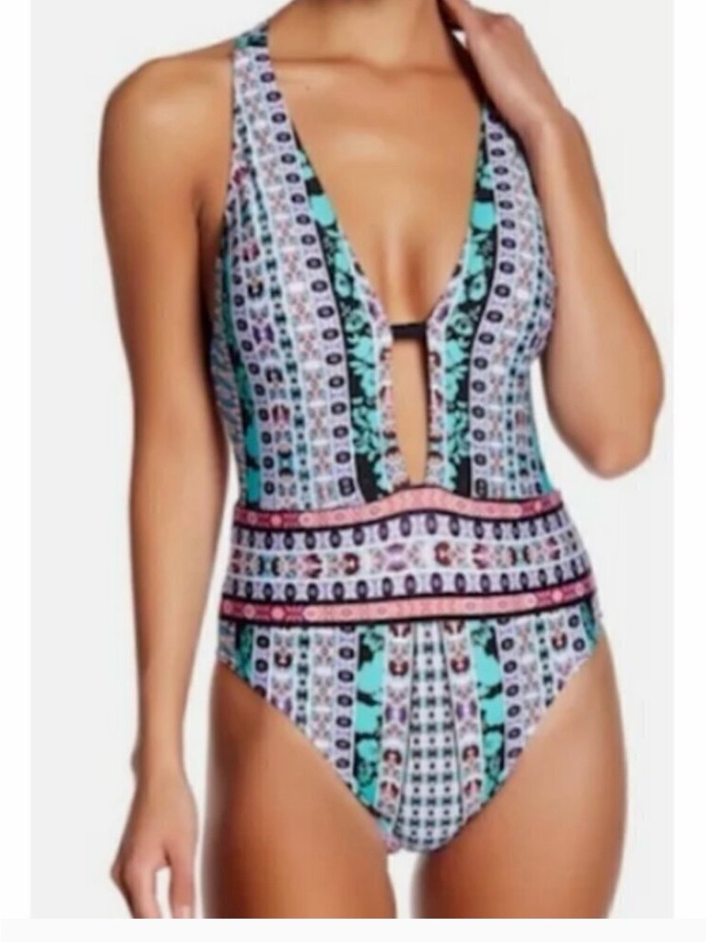 Nanette Lepore Aqua and Pink Patchwork One-Piece Bodysuit